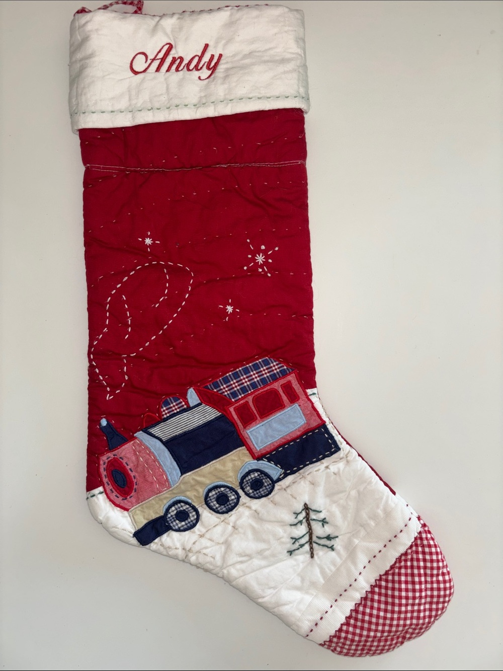 Pottery Barn Kids Red and White Quilted Train Stocking - Andy